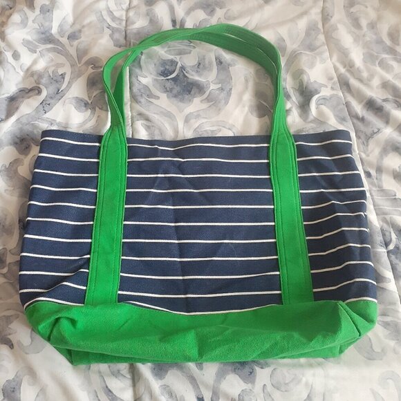 Ame & Lulu Charles River Navy White Stripe Kelly Green New Englander Tote Bag - Picture 4 of 14